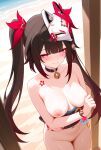 1girls ai_generated arms_crossed arms_crossed_under_breasts beach bells black_choker blush breasts brown_hair chest_marking choker choker_bell female_only hair_accessory hair_ornament honkai:_star_rail kitsune_mask medium_breasts naked_female nipples nude nude nude_female obi pink_eyes sash smile solo_female sparkle_(honkai:_star_rail) twin_tails