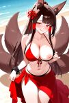 1girl ai_generated akagi_(azur_lane) azur_lane beach big_breasts bikini bikini_top_pull black_bikini_bottom black_bikini_top blush breasts brown_hair female_only flower_in_hair fox_ears fox_girl hair_accessory hair_ornament hair_ribbon hair_tie heart licking_lips long_hair multicolored_bikini one_breast_out one_nipple_out ponytail red_bikini_top red_eyes red_ribbon red_sarong red_spider_lilies ribbon sarong seductive_eyes seductive_look seductive_smile ship_girl smile solo_female teasing tongue tongue_out