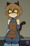 1girl 1girl ai_generated animal_ears anthro apron artist_name bare_shoulders brown_apron brown_gloves brown_hair cat_ears cat_girl cat_tail closed_mouth clothing eyewear fang fang_out furry furry_female gameoverse gloves goggles littlehentai looking_at_viewer mammal one_eye_closed piercing savitar savitar_(artist) short_hair slit_pupils smile tail tinted_eyewear whiskers yellow_apron yellow_eyes
