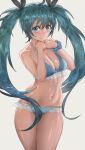  1girl 1girl 1girl ahoge alluring aqua_eyes aqua_hair bangs bare_shoulders bikini black_ribbon blue_bikini blue_eyes blue_hair blush bra breasts cleavage closed_mouth cowboy_shot frilled_bikini frills hair_between_eyes hair_ribbon hands_up long_hair looking_at_viewer medium_breasts miku_hatsune navel panties ribbon scrunchie sega shiny shiny_skin simple_background smile stomach swimsuit twin_tails very_long_hair vocaloid white_background wrist_scrunchie yohan1754 