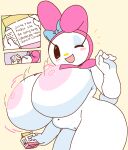 1girl ;d animal_ears anthro areolae big_areola big_breasts big_nipples black_eyes blue_bow blue_eyeshadow blush blush_stickers body_fur bouncing_breasts bow box breast_growth breasts bunny_ears bunny_girl bunny_tail cassettedream cleft_of_venus completely_nude cute dream-cassette drinking english_text eyeshadow female female_only food furry furry_female groin hair_bow happy holding_box holding_food holding_object hood hoshime huge_breasts juice juice_box large_areolae large_breasts looking_at_viewer makeup my_melody nipples nude one_eye_closed onegai_my_melody open_mouth pussy rabbit_ears rabbit_girl rabbit_tail sanrio simple_background smile solo solo_focus speech speech_bubble tail talking text thick_thighs white_fur wide_hips