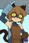 1girl 1girl ai_generated animal_ears anthro apron artist_name bare_shoulders brown_apron brown_gloves brown_hair cat_ears cat_girl cat_tail closed_mouth clothing eyewear fang fang_out furry furry_female gameoverse gloves goggles littlehentai looking_at_viewer mammal one_eye_closed piercing savitar savitar_(artist) short_hair slit_pupils smile tail tinted_eyewear whiskers yellow_apron yellow_eyes