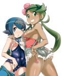 2girls ass blue_eyes blue_hair breasts clenched_teeth condom condom_wrapper dark_skin flower green_eyes green_hair hair_flower hair_ornament highres lana long_hair looking_at_viewer mallow mallow_(pokemon) mao_(pokemon) medium_breasts multiple_girls nipples nori_(akusei_shinseibutsu) one-piece_swimsuit one_eye_closed pokemon pokemon_(anime) pokemon_(game) pokemon_sm short_hair simple_background small_breasts smile suiren_(pokemon) swimsuit swimsuit_under_clothes teeth twintails white_background