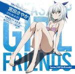  1girl album_cover barefoot bikini black_eyes blue_eyes blue_ribbon breasts collarbone copyright_name cover feet hair_between_eyes hair_ribbon highres keijo miyata_sayaka official_art pink_bikini ribbon short_hair silver_hair sitting small_breasts solo swimsuit 