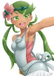 1girl :d armpits breasts creatures_(company) dark-skinned_female dark_skin flower game_freak green_eyes green_hair hair_flower hair_ornament humans_of_pokemon long_hair mallow_(pokemon) mao_(pokemon) nintendo open_mouth outstretched_arm pokemon pokemon_(anime) pokemon_(game) pokemon_sm pokemon_sun_&_moon ponytail rentarow0201 rentarow0201_(artist) sazanami_tarou simple_background smile solo trial_captain twintails white_background