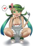 1girl blush breasts dark_skin female flower green_eyes green_hair hair_flower hair_ornament heart holding human looking_at_viewer mallow mallow_(pokemon) mao_(pokemon) mebura_kazama open_mouth pokemon pokemon_(game) pokemon_sm pussy shoes smile solo spoken_heart spoon squat squatting twintails twitter