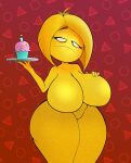 1girl big_breasts breasts columbia_pictures cupcake emoji emoji_(race) featureless_breasts featureless_crotch female female_only frown hand_on_breast holding_plate mary_meh mrs._meh naked_female nude nude_female plate short_hair solo solo_female sony sony_pictures_animation the_emoji_movie vaz0v yellow_body yellow_hair