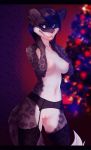 1girl 1girl 2016 anthro breasts christmas christmas_tree clothing feline furry holidays legwear leopard mammal nipples pussy snow_leopard spots stockings tree whiteabigail