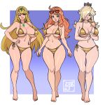  3_girls absurd_res alluring barefoot big_breasts bikini blonde_hair blue_eyes brown_eyes cleavage closed_mouth commentary english_commentary eyewear_on_head full_body gold_bikini groin hair_over_one_eye hands_on_own_hips high_res holding holding_wand jayladair lips long_hair looking_at_viewer mario_(series) multiple_girls mythra_(xenoblade) navel nintendo orange_hair pokemon princess_rosalina rosalina smile sonia_(pokemon) stomach swimsuit wand xenoblade_(series) 