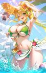  1girl 1girl absurd_res alluring bare_shoulders beach big_breasts bikini blonde_hair blue_sky blush choker cleavage commentary_request elf green_bikini green_eyes high_res kkuni korean_commentary leafa_(sao) long_hair looking_at_viewer navel one_eye_closed open_mouth pointy_ears ponytail sarong sidelocks sky smile swimsuit sword_art_online 