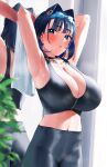  1girl 1girl :o armpits arms_behind_head blue_eyes blue_hair blush breasts cleavage frikulu hair_intakes hair_ribbon high_res hololive hololive_english huge_breasts jewelry leggings midriff navel necklace open_mouth ouro_kronii plant reflection ribbon short_hair sports_bra sweat towel virtual_youtuber 