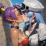 2_girls against_wall akame_ga_kill! arabian_clothes arabian_female arm_at_side asymmetrical_docking bare_shoulders big_breasts bikini black_choker blue_hair blush bopitphy breasts chest_tattoo choker cleavage closed_eyes cloud collarbone couple crossover dark-skinned_female dark_skin day duo earrings esdeath female/female female_only genie genie_girl gold_earrings gold_hair_ornament gold_jewelry hair_between_eyes hair_ornament hair_tubes harem_outfit hat headwear height_difference heroine high_ponytail hoop_earrings interracial interracial_couple interracial_yuri jacket jewelry kissing light-skinned_female light_blue_hair light_skin lips long_hair love medium_breasts military_uniform multiple_girls mutual_yuri neck outside peaked_cap pointy_ears ponytail red_bikini red_swimsuit red_tubetop revealing_clothes romantic romantic_couple shadow shantae shantae_(character) sideboob sidelocks sky square_enix straight_hair strapless strapless_bikini strapless_swimsuit superheroine supervillainess sweat sweating swimsuit tattoo tiara tied_hair tubetop unicorn very_long_hair villainess white_hat white_headwear white_jacket white_uniform yuri