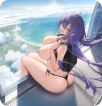 1girl above_ground azur_lane backpack big_breasts bikini_bottom black_bikini_bottom blush breasts clouds edit eye_visible_through_hair female_only hair_over_one_eye half-closed_eyes in_helicopter in_sky long_hair low_ponytail mofumochii mogador_(azur_lane) nipples ocean parachute purple_eyes purple_hair ship_girl sitting smile solo_female sweat sweatdrop sweating sweaty third-party_edit topless