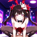 1boy 1girl ai_generated bare_shoulders bell black_bow black_pantyhose blush bow breasts breasts_out brown_hair bunny_ears bunny_ears_headband bunny_girl bunnysuit clothed clothed_female clothed_female_nude_male cowgirl_position detached_collar hair_ribbons honkai:_star_rail in_bed kitsune_mask leaning_forward legs_spread long_hair medium_breasts naked_male neck_bow nipples nude nude nude_male pantyhose penis_in_pussy pink_eyes pov red_bunny_ears red_bunnysuit red_ribbons ribbons ripped_pantyhose sex smile sparkle_(honkai:_star_rail) strip_club twin_tails vaginal_penetration