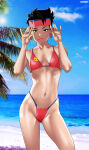 asian asian_female beach bikini black_hair breasts brown_eyes earrings jubilation_lee jubilee looking_at_viewer marvel marvel_comics ocean palm_tree r3ydart sunglasses sunglasses_on_head x-men