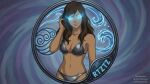 1girl @_@ adjusting_hair alternate_costume arm_at_side bangs bare_arms bare_shoulders bikini blue_background blue_eyes breasts brown_hair cleavage collarbone dark-skinned_female dark_skin female_only female_solo glowing glowing_eyes grey_bikini grey_swimsuit grin hair_between_eyes hair_down hand_up head_tilt korra lips long_hair looking_at_viewer medium_breasts midriff mrfluffypotato naughty_face navel neck nickelodeon parted_lips smile standing straight_hair swept_bangs swimsuit symbol the_legend_of_korra* water_tribe water_tribe_symbol