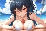 1boy 1girls ai_generated azur_lane beach beach_umbrella big_breasts bikini black_hair blush breasts hands_on_breasts hands_on_own_breasts long_hair naked_male nude nude_male outside paizuri penis_between_breasts pov precum precum_leaking precum_on_breasts precum_on_penis red_eyes ship_girl side_ponytail smile taihou_(azur_lane) umbrella white_bikini