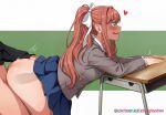 1boy 1girl ass bent_over bottomless brown_hair clothed clothing desk doki_doki_literature_club from_behind green_eyes monika_(doki_doki_literature_club) school_uniform sex side_view