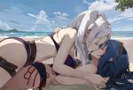  2_girls absurd_res alluring ass asymmetrical_docking beach belt big_breasts bikini blue_bikini blue_hair blue_sky blush breast_press brown_belt closed_eyes cloud commentary commission couple day english_commentary fire_emblem fire_emblem_awakening fire_emblem_cipher fire_emblem_heroes fire_emblem_warriors from_side gloves high_res holding_hands intelligent_systems lamb_(hitsujiniku) long_hair lucina lucina_(cipher_swimsuit)_(fire_emblem) lucina_(fire_emblem) lying multiple_girls nintendo ocean official_alternate_costume on_back on_ground outside purple_bikini robin_(fire_emblem) robin_(fire_emblem)_(female) robin_(summer)_(fire_emblem)_(female) sand second-party_source skeb_commission sky small_breasts swimsuit thigh_belt thigh_strap thighs tiara twin_tails white_hair yuri 