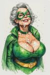cleavage cosplay cosplay cum cum_on_cleavage female_only grey_hair mature_female sloppyai superheroine