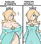  1girl 2_girls alternate_breast_size aqua_dress aqua_eyes aqua_panties artist_name artstyle_imitation bare_shoulders big_breasts blonde_hair blue_dress blue_eyes blue_panties breasts brooch cleavage clothing collarbone comparison cowboy_shot crown draw_fanart_of_a_character dress earrings english_text hair_over_one_eye hand_on_own_hip headwear highleg_panties huge_breasts jewelry juxtaposition lips long_hair long_sleeves looking_at_viewer mafufim mario_(series) meme multiple_views notice_lines off-shoulder_dress off_shoulder one_eye_covered panties parted_lips rosalina rosalina simple_background star star_(symbol) star_brooch star_earrings super_mario_bros. template trend underwear white_background yellow_gemstone 