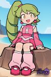 1girl 1girl 1girl :d ai_generated alternate_costume artist_name beach blush buttons clothing cosplay day detached_sleeves dress drill_hair earrings eyelashes from_above green_hair heart_earrings jewelry leg_warmers little long_hair looking_at_viewer open_mouth outside pink_dress pink_footwear pink_shirt pink_sleeves pink_socks reaching reaching_towards_viewer sand shirt shore side_ponytail skirt sleeveless smile socks standing water yellow_eyes