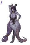  1girl big_breasts bubble_butt cleavage horny howxen inviting_to_sex looking_at_viewer pose purple_hair standing teasing thick_thighs yellow_eyes 