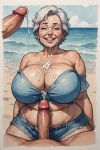  beach big_breasts big_penis cleavage cum cum_on_cleavage cumshot denim facial grey_hair jean_shorts mature_female mmf_threesome shorts sloppyai strapless 