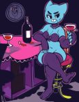  1girl 1girl alcohol anthro arm_on_table beverage blue_fur bottomless bra cartoon_network cat clothed clothing collar crossed_legs disappointed drinking feline fingerless_gloves fur furry gloves legwear lingerie mammal mangneto mature_female milf navel nicole_watterson parent pink_nose scowl sitting stockings the_amazing_world_of_gumball underwear whiskers wine 