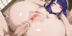 1boy 1girl ai_generated anal_sex big_breasts blush breasts cum_in_ass cum_in_pussy cum_leaking cum_leaking_out_of_pussy detached_collar full_nelson genshin_impact hand_on_ass hand_on_own_ass japanese_bedroom long_hair lunarsiren naked_female naked_male nipples nude nude_female nude_male penis_in_ass purple_eyes purple_hair pussy raiden_shogun sex smile tassel_hair_ornament testicle