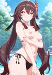  1girl ai_generated arm_under_breasts bikini_bottom black_bikini_bottom blush breasts brown_hair female_only flowers flowers_in_hair genshin_impact hair_accessory hair_ornament hu_tao_(genshin_impact) long_hair medium_breasts nipples outdoor_pool pool poolside red_eyes smile solo_female tassel_hair_ornament topless twin_tails vegaforge 
