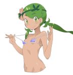  1girl bikini dark_skin flower green_eyes green_hair hair_flower hair_ornament long_hair mallow mallow_(pokemon) mao_(pokemon) ookamiuo ookamiuo_(artist) pokemon pokemon_(game) pokemon_sm purple_bikini simple_background smile solo swimsuit trial_captain twintails twitter upper_body white_background 