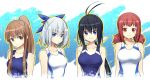  4girls antenna_hair aoba_kazane black_hair blue_eyes breasts brown_eyes brown_hair collarbone competition_swimsuit hair_ribbon highres kaminashi_nozomi keijo long_hair medium_breasts miyata_sayaka multiple_girls one-piece_swimsuit ponytail red_eyes red_hair ribbon short_hair sidelocks smile swimsuit toyoguchi_non twintails upper_body white_hair yoshiteruxx 