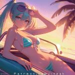  1girl 1girl 1girl 2d alluring aqua_bikini aqua_eyes aqua_hair beach beach_chair bikini blue_eyes blue_hair blue_nails eyewear_on_head front-tie_top halterneck itzah long_hair looking_at_viewer lying medium_breasts miku_hatsune nail_polish navel on_side outside painted_nails palm_tree pixel_art reclining side-tie_bikini_bottom sky smile string_bikini striped striped_bikini sunglasses sunglasses_on_head sunset swimsuit swimwear tree twin_tails vocaloid 