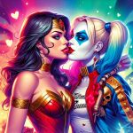 2_girls amazon arm_at_side armlet bangs bare_shoulders batman_(series) black_hair blonde_female blonde_hair blue_eyes blue_hair breasts choker clown_girl collarbone couple crossover dc_comics diana_prince duo earrings eye_contact facial_mark female/female female_only freivolk freivolk_(artist) gold_armlet gold_choker gold_jewelry grey_eyes half-closed_eyes harleen_quinzel harley_quinn heart heroine jacket jewelry justice_league justice_league_unlimited kissing leotard licking light_blue_hair lips lipstick long_hair looking_at_another love makeup medium_breasts multicolored_clothes multicolored_jacket multiple_girls mutual_yuri neck open_mouth parted_bangs red_earrings red_leotard red_lipstick romantic romantic_couple silver_earrings silver_jewelry straight_hair strapless strapless_leotard stud_earrings suicide_squad superhero_costume superheroine supervillainess themysciran tied_hair tongue tongue_out torn_clothes twin_tails villainess wonder_woman wonder_woman_(series) yellow_choker yuri