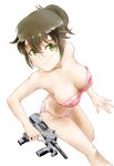  automatic_weapon big_breasts bikini bikini_bottom bikini_top breasts glasses looking_at_viewer marutaya minori_koganuma outbreak_company weapon white_background 