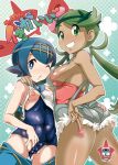  2girls ass blue_eyes blue_hair breasts clenched_teeth condom condom_wrapper dark_skin flower green_eyes green_hair hair_flower hair_ornament highres lana long_hair looking_at_viewer mallow mallow_(pokemon) mao_(pokemon) medium_breasts multiple_girls nipples nori_(akusei_shinseibutsu) one-piece_swimsuit one_eye_closed pokemon pokemon_(anime) pokemon_(game) pokemon_sm rotom rotomdex short_hair small_breasts smile suiren_(pokemon) swimsuit swimsuit_under_clothes teeth twintails 