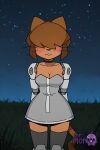 1girl 1girl 1girl ai_generated all_fours android animal_ears anthro black_choker borrowed_character breasts brown_hair cat_ears cat_girl cat_tail choker cleavage clothing collarbone covered_eyes dark-skinned_female dark_skin dress facing_viewer furry furry_female gameoverse grass grey_dress grey_thighhighs hair_over_eyes joints lips littlehentai mammal mechanical_arms medium_breasts night night_sky outside robot_joints savitar savitar_(artist) short_dress short_hair single_mechanical_arm sky smile star_(sky) starry_sky stockings strapless strapless_dress tail whiskers zettai_ryouiki