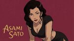 1girl alternate_costume asami_sato bare_arms black_clothing black_hair black_shirt black_skirt breasts character_name cleavage closed_mouth eyeshadow female_only female_solo grey_eyes grey_eyeshadow half-closed_eyes lips lipstick long_hair looking_at_viewer makeup medium_breasts midriff miniskirt mrfluffypotato naughty_face navel neck nickelodeon pencil_skirt red_background red_lipstick shirt side_slit simple_background skirt smile the_legend_of_korra* wavy_hair