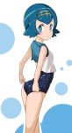  1girl adjusting_clothes adjusting_swimsuit bare_arms bare_legs blue_eyes blue_hair blush hairband lana looking_at_viewer one-piece_swimsuit petite pocari_sweat_(artist) pokemon pokemon_(game) pokemon_sm polka_dot polka_dot_background sailor_collar shirt short_hair sleeveless sleeveless_shirt solo suiren_(pokemon) swimsuit swimsuit_under_clothes trial_captain 