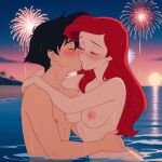 1boy 1girls ai_generated ariel_(the_little_mermaid) beach big_breasts blush breasts closed_eyes disney disney_princess fireworks hugging in_water kissing long_hair naked_female naked_male night night_sky nipples nude nude nude_female nude_male outside red_hair the_little_mermaid_(1989_film) wet