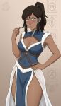 1girl adapted_costume alternate_costume bangs bare_arms bare_legs bare_shoulders blue_dress blue_eyes blush breasts brown_background brown_hair china_dress chinese_clothes cleavage cleavage_cutout closed_mouth clothing_cutout dark-skinned_female dark_skin dress female_only female_solo fur-trimmed_dress hair_between_eyes hair_ornament hair_tubes hand_on_hip hand_up high_ponytail korra legs long_hair looking_at_viewer medium_breasts mrfluffypotato neck nickelodeon pelvic_curtain ponytail revealing_clothes serious side_slit sleeveless sleeveless_dress standing swept_bangs the_legend_of_korra* thighs tied_hair water_tribe