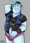 1boy 2020 alternate_version_at_source barley_lightfoot bedroom blue_hair body_hair chubby chubby_male elf elf_male grin hand_behind_head hat male onward onward_(2020) penis pointed_ears pubic_hair smiling_at_viewer solo_male spiked_bracelet syaokitty