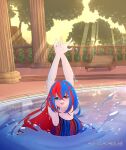 1girl :d absurd_res alear_(female)_(fire_emblem) alear_(fire_emblem) alternate_costume arms_up bare_arms big_breasts blue_eyes blue_one-piece_bikini braid cleavage column commentary commission competition_swimsuit dancing english_commentary fire_emblem fire_emblem_engage heterochromia high_res intelligent_systems leitz_acaroline light_rays long_hair looking_at_viewer multicolored_hair multicolored_swimsuit nintendo one-piece_bikini open_mouth outside partially_submerged patio pillar pool recliner red_eyes red_one-piece_bikini reflection ripples sideboob smile splashing split-color_hair sunbeam sunlight sunset swimming swimming_pool swimsuit synchronized_swimming tree two-tone_hair very_long_hair water watermark wet