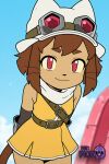 1girl 1girl 1girl :3 ai_generated animal_ears anthro arms_behind_back artist_name bare_shoulders belt belt_buckle blue_sky brown_belt brown_hair buckle cat_ears cat_girl cat_tail closed_mouth clothing cloud cowboy_shot dark-skinned_female dark_skin day dress ears_through_headwear eyewear_on_headwear furry furry_female gameoverse gloves goggles goggles_on_head hat headwear kit_bodega leaning_forward littlehentai looking_at_viewer outside red_eyes savitar savitar_(artist) scarf short_dress short_hair sky sleeveless sleeveless_dress slit_pupils smile standing tail thick_eyebrows whiskers white_headwear white_scarf yellow_dress