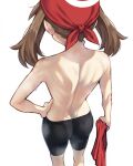  ass back back_view brown_hair may_(pokemon) nintendo pokemon shorts simple_background sweat topless white_background 
