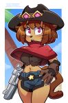  1girl anthro biped bottomwear breasts brown_body brown_hair clothed clothing cowboy_hat domestic_cat eyelashes felid feline felis female gameoverse glitch_productions gun hair hat headgear headwear high_res holding_object holding_weapon kit_bodega mammal pupils ranged_weapon shorts solo tail the_other_half weapon whiskers 