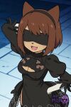 1girl 1girl 1girl 2b_(nier:automata) 2b_(nier:automata)_(cosplay) ai_generated animal_ears arm_under_breasts artist_name big_breasts black_blindfold black_dress black_hairband black_thighhighs blindfold breasts brown_hair cat_ears cleavage cleavage_cutout clothing clothing_cutout cosplay covered_eyes dress eyewear facing_viewer feather-trimmed_sleeves furry furry_female gameoverse gloves hairband headband juliet_sleeves littlehentai long_sleeves medium_breasts nier:_automata nier_(series) open_mouth puffy_sleeves savitar savitar_(artist) short_hair stockings teeth upper_teeth_only whisker_markings whiskers yorha_no.2_type_b