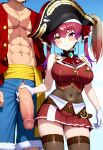  1boy 1girl abs ai_generated belt big_breasts blush breasts closed_mouth covered_navel crossover gloved_handjob gloves handjob hat hetero heterochromia hololive houshou_marine huge_penis large_penis long_hair monkey_d._luffy one_piece penis penis_grab pirate pirate_hat pleated_skirt red_eyes red_hair red_skirt ribbon scar shorts skirt smile trewg001 twin_tails uncensored veins veiny_penis virtual_youtuber white_gloves yellow_eyes 