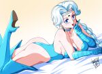  1girl 1girl adult_swim alluring ass bare_shoulders bed berthier big_breasts bishoujo_senshi_sailor_moon bishoujo_senshi_sailor_moon_r blue_boots blue_eyes blue_hair blush boots braid breasts danmakuman elbow_gloves gloves high_heel_boots high_heels high_res leotard lipstick long_hair looking_at_viewer lying makeup multicolored_hair on_stomach open_mouth single_braid smile thigh_high_boots toei_animation toonami viz_media white_hair 